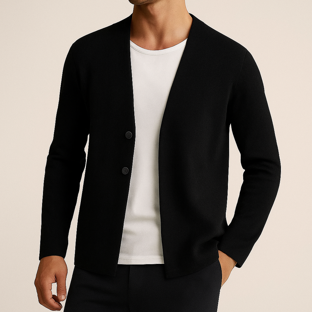 Men's plain knit cardigan with open front and buttons