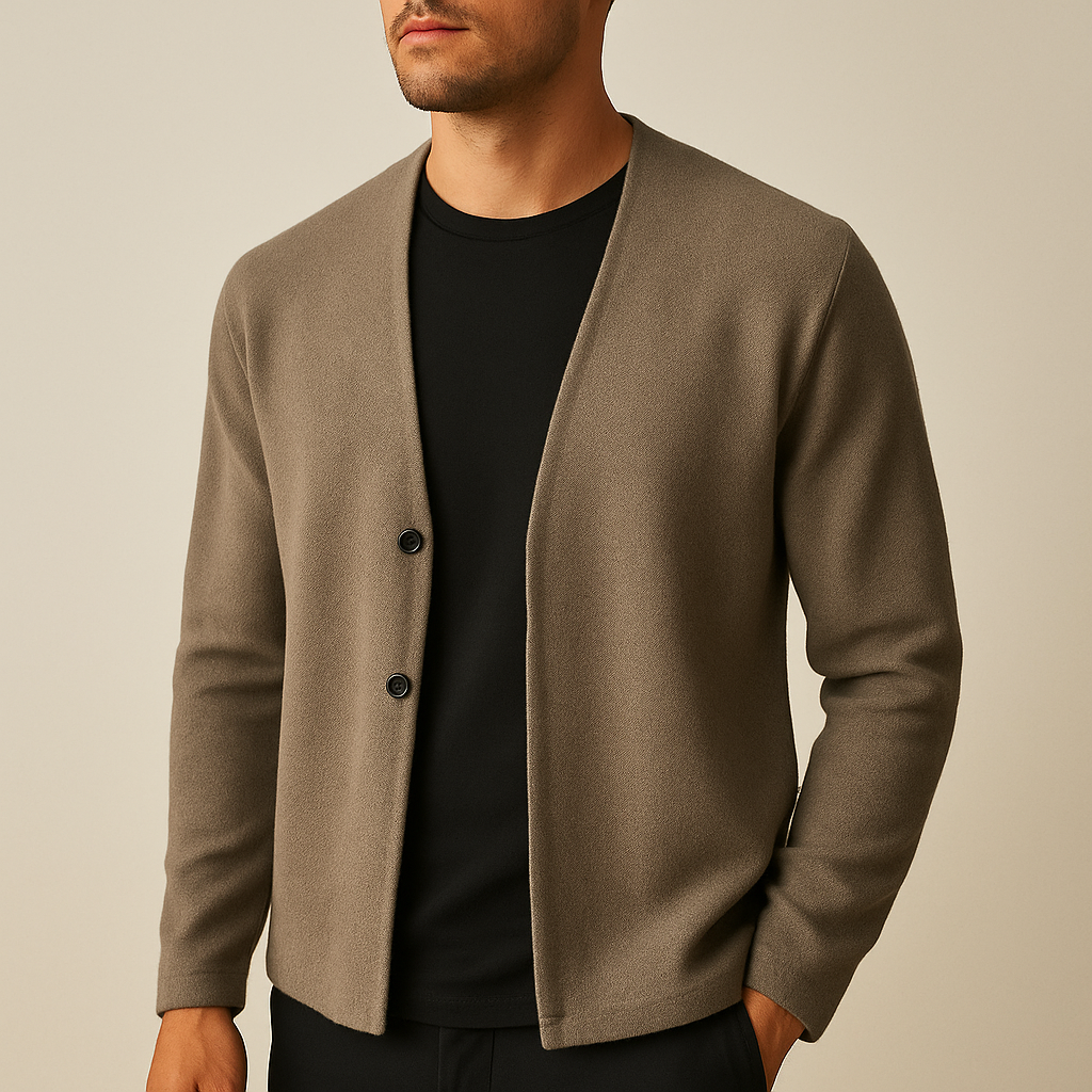 Men's plain knit cardigan with open front and buttons