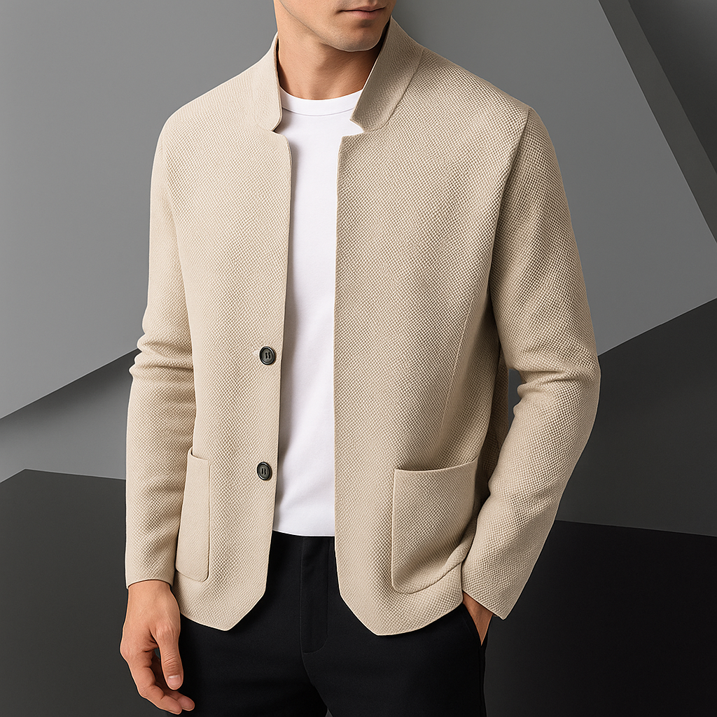 Men's textured knit cardigan with stand collar and patch pockets