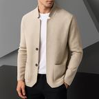 Men's textured knit cardigan with stand collar and patch pockets