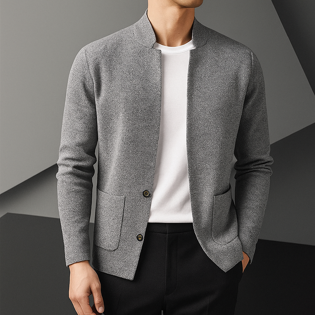 Men's textured knit cardigan with stand collar and patch pockets