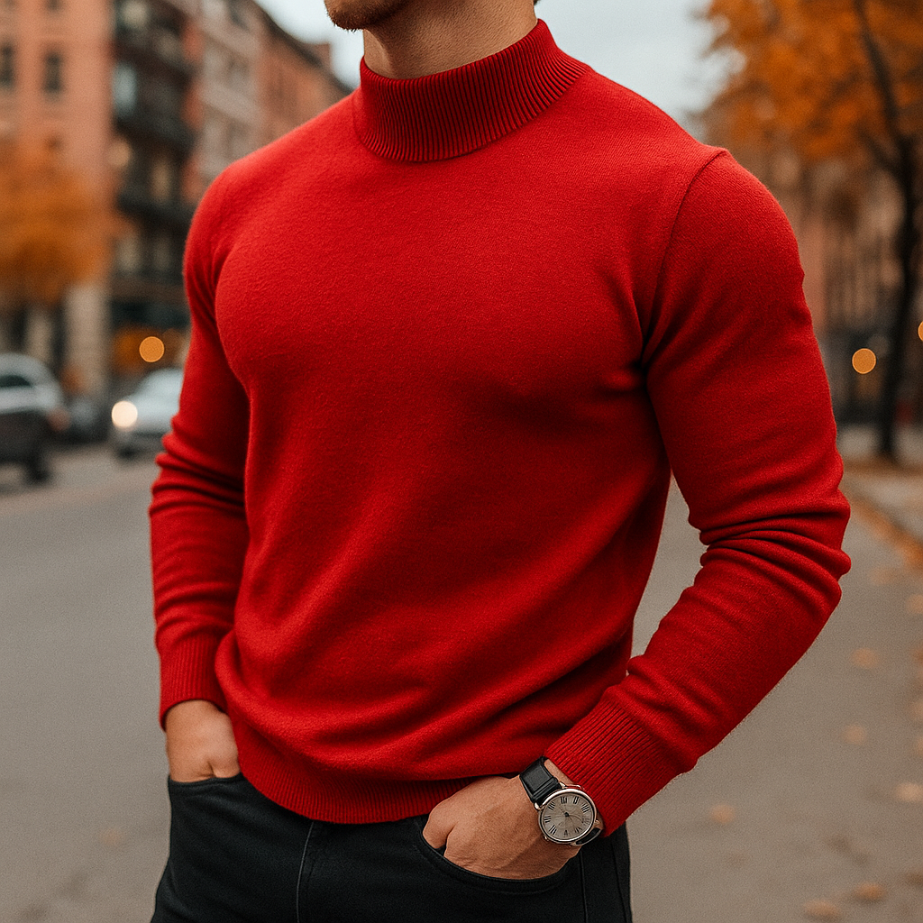 Men's plain ribbed mock neck sweater with long sleeves