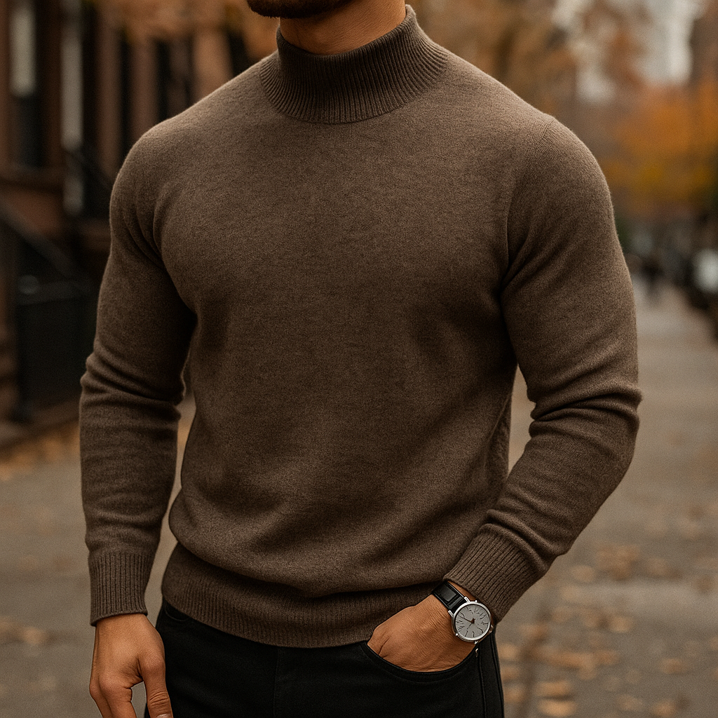 Men's plain ribbed mock neck sweater with long sleeves