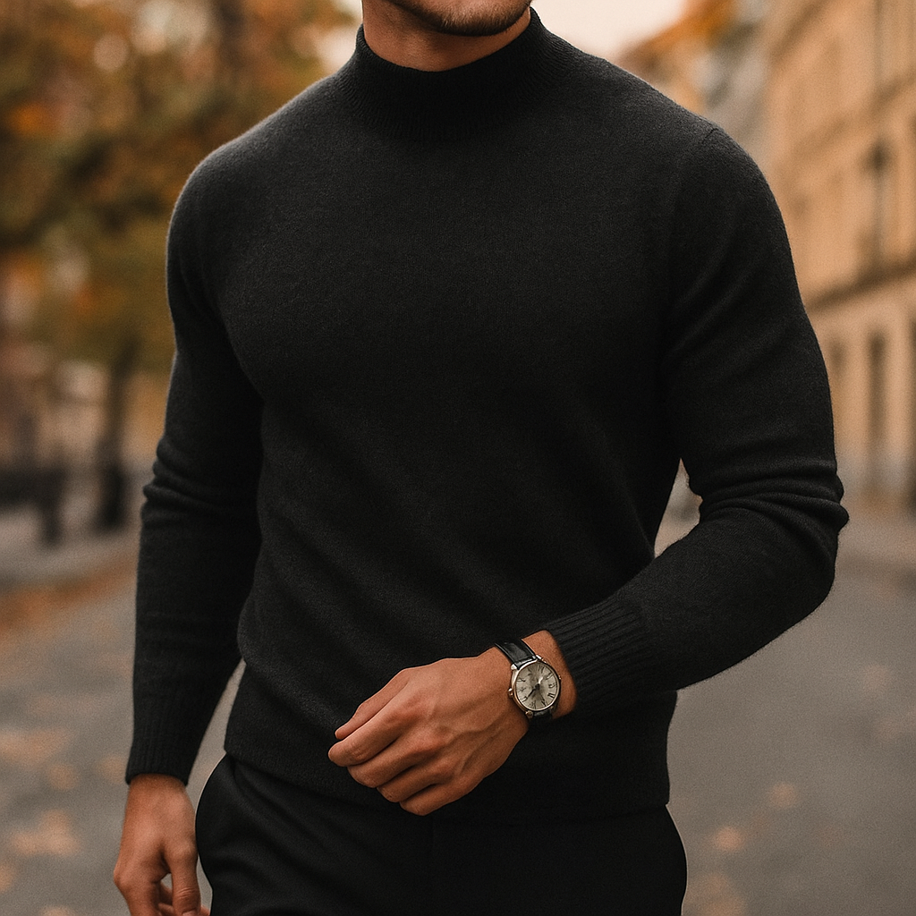 Men's plain ribbed mock neck sweater with long sleeves