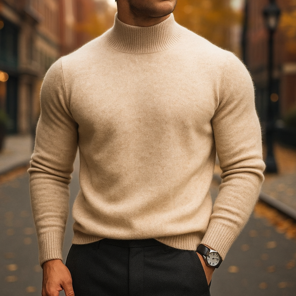 Men's plain ribbed mock neck sweater with long sleeves
