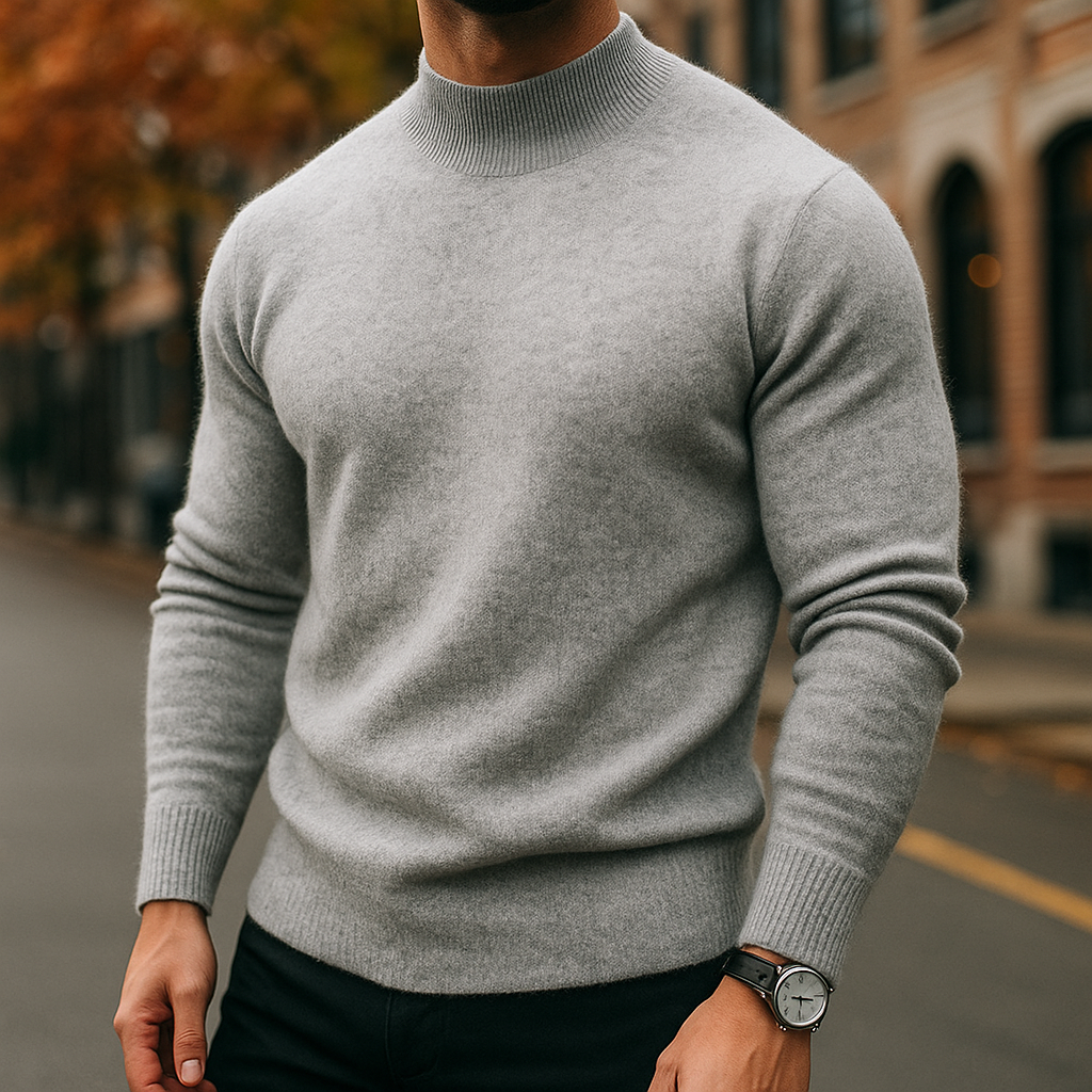 Men's plain ribbed mock neck sweater with long sleeves