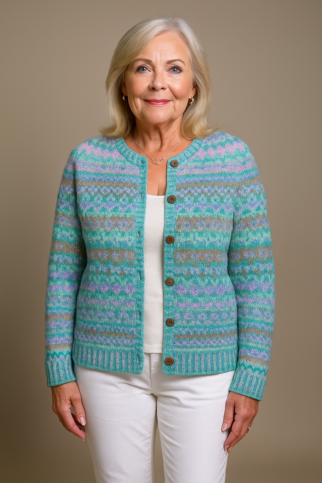 Women's multicolour patterned button front cardigan with long sleeves and ribbed trims
