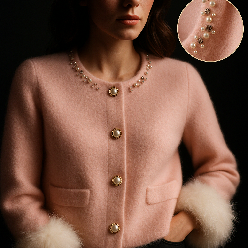 Women's cardigan with embellished round neckline, button front and fluffy cuffs