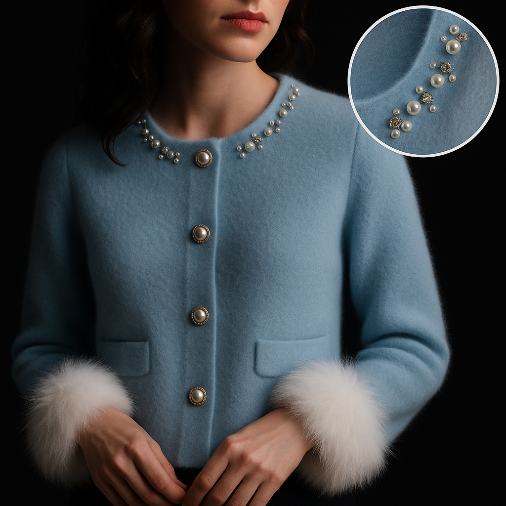 Women's cardigan with embellished round neckline, button front and fluffy cuffs