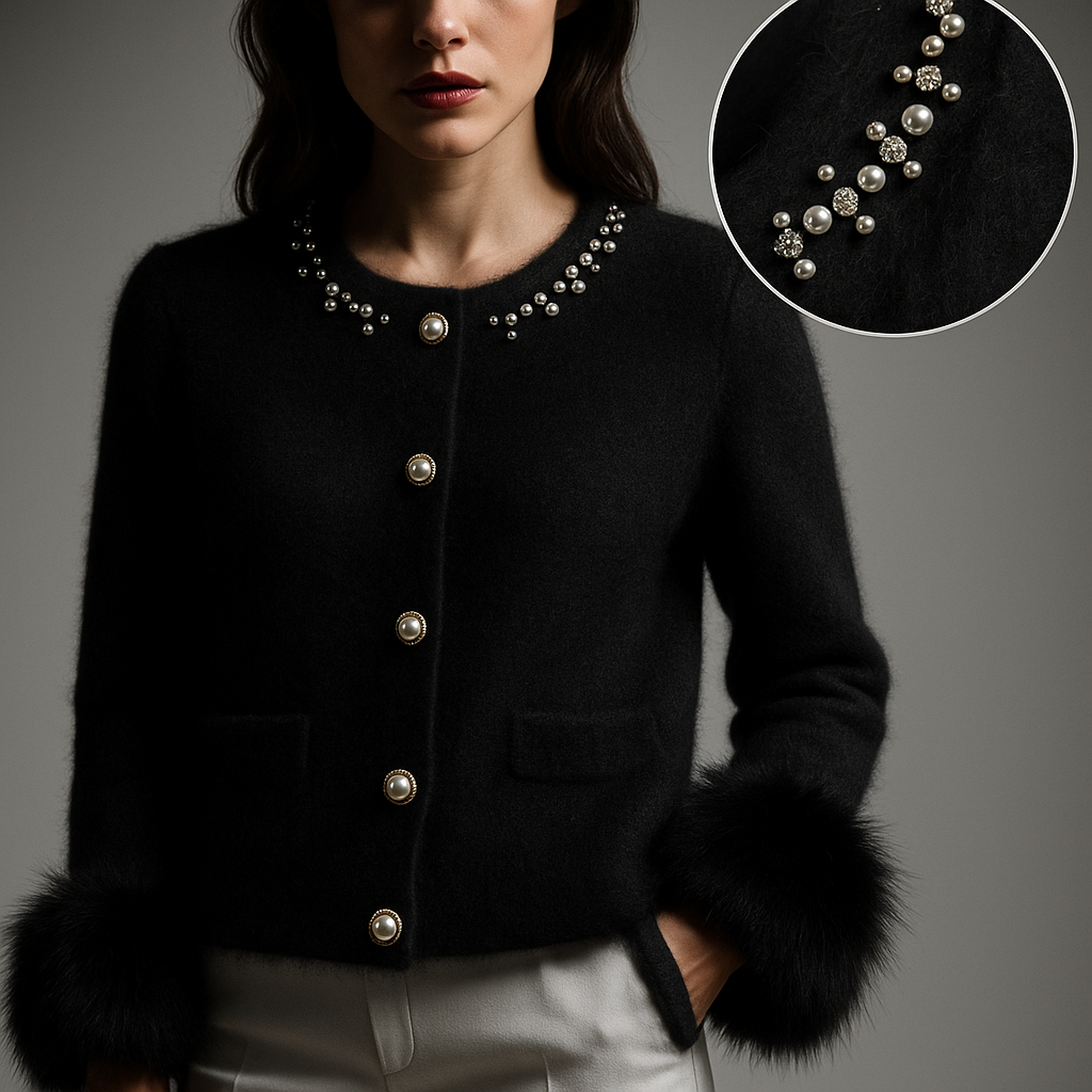 Women's cardigan with embellished round neckline, button front and fluffy cuffs
