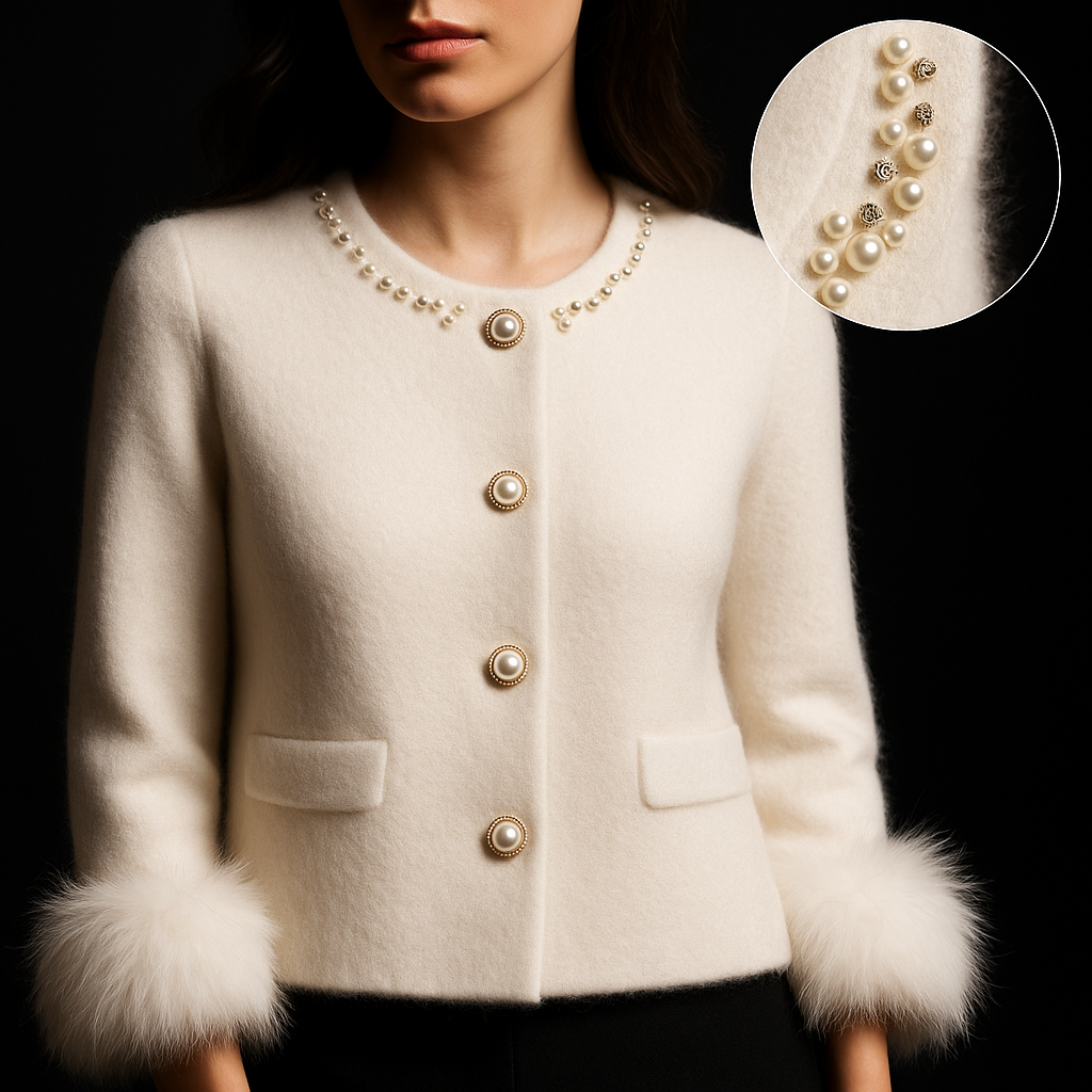 Women's cardigan with embellished round neckline, button front and fluffy cuffs