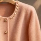 Women's cardigan with embellished round neckline, button front and fluffy cuffs