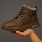 Shearling-trimmed lace-up ankle boots with side zip and ridged flat soles
