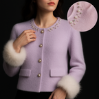 Women's cardigan with embellished round neckline, button front and fluffy cuffs