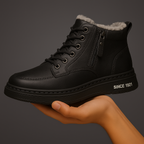 Shearling-trimmed lace-up ankle boots with side zip and ridged flat soles