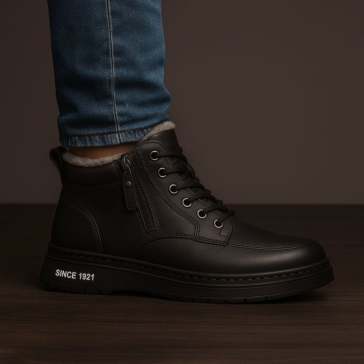 Shearling-trimmed lace-up ankle boots with side zip and ridged flat soles