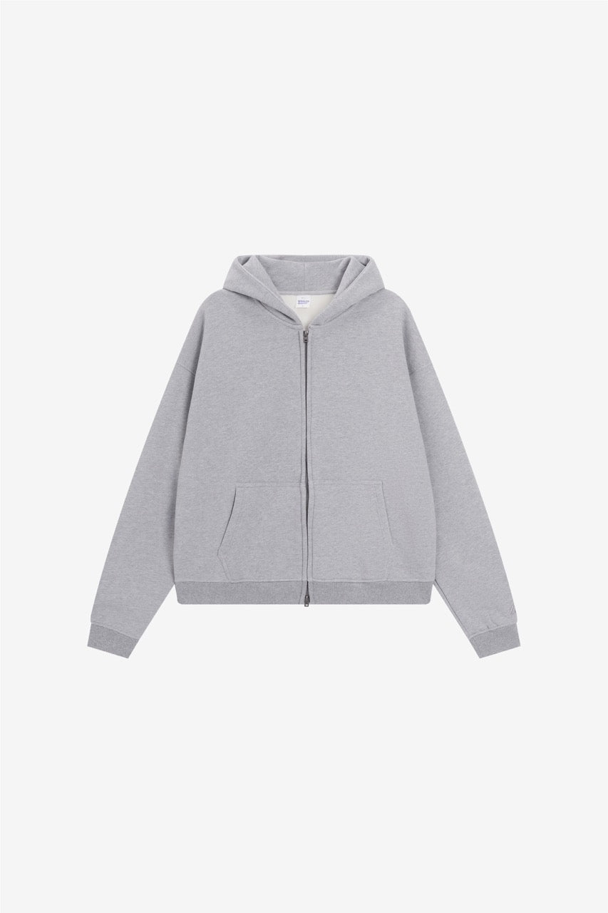 Unisex grey zip front hoodie with hood and pockets