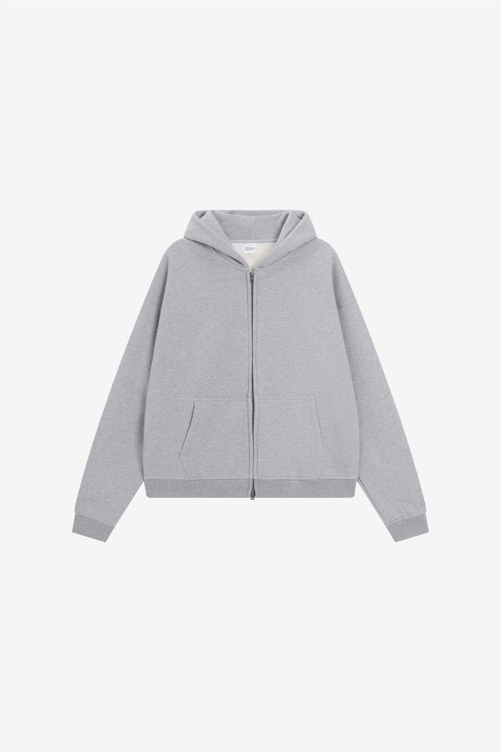 Unisex grey zip front hoodie with hood and pockets