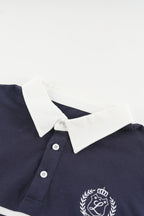 Navy and white color block polo sweatshirt with long sleeves