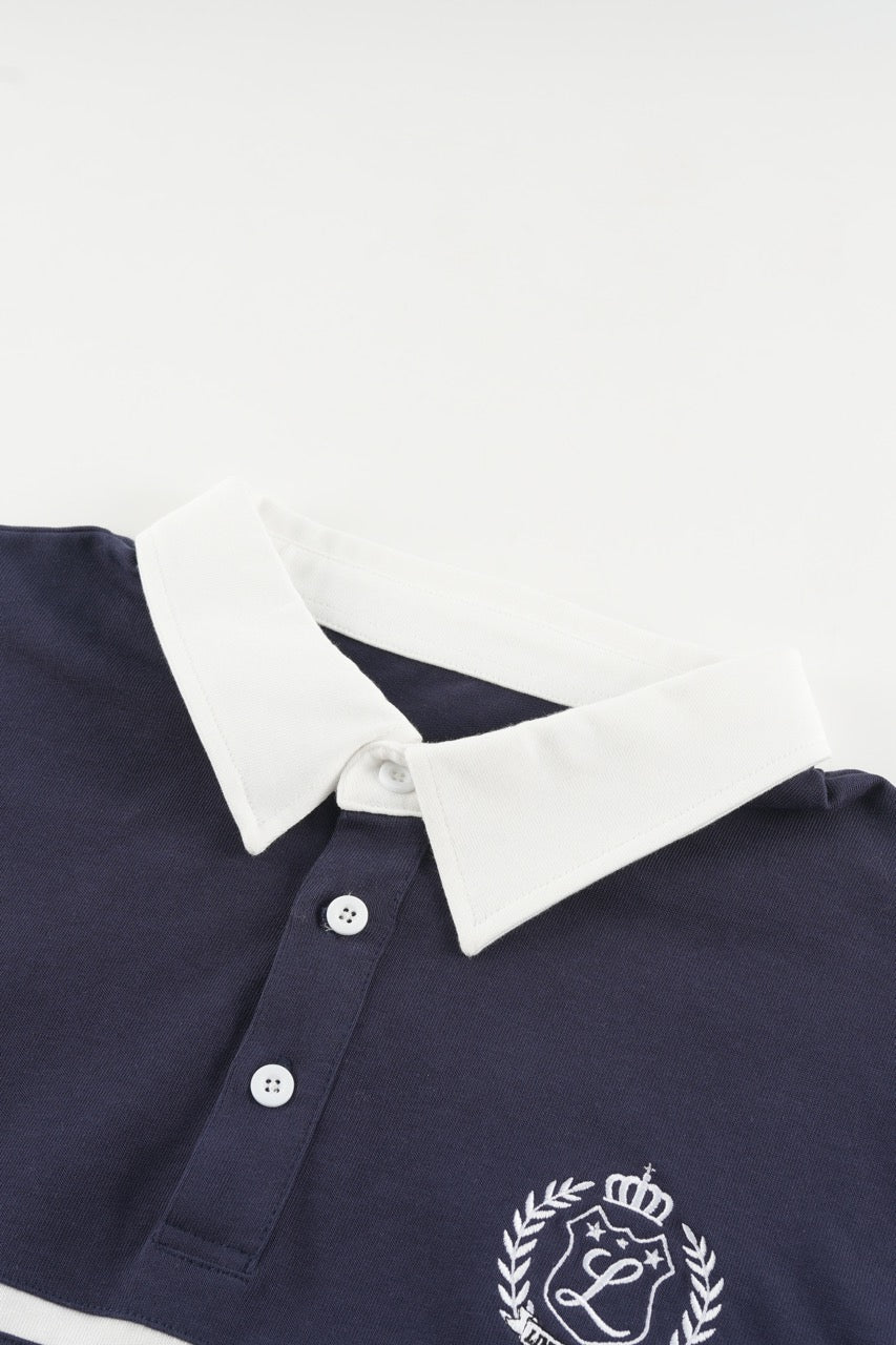 Navy and white color block polo sweatshirt with long sleeves