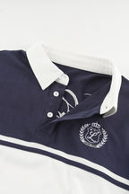 Navy and white color block polo sweatshirt with long sleeves