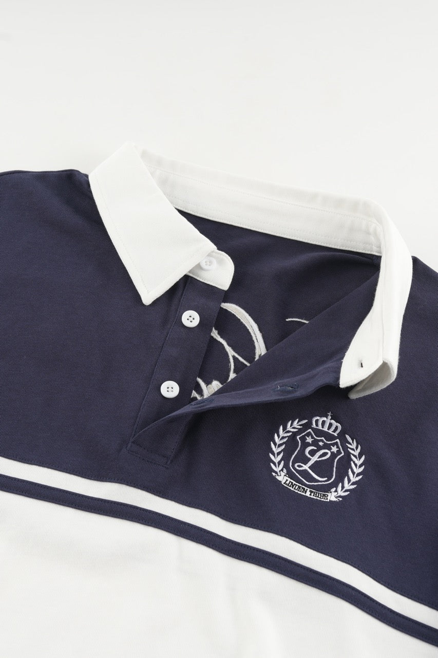 Navy and white color block polo sweatshirt with long sleeves