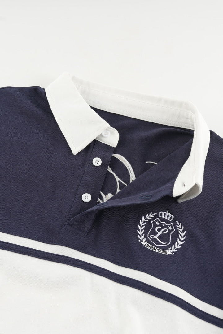 Navy and white color block polo sweatshirt with long sleeves