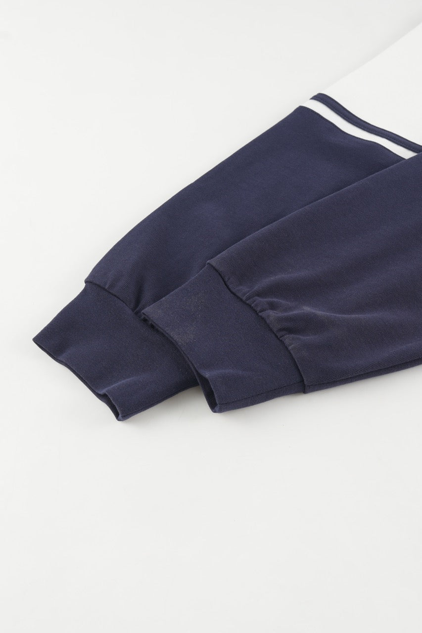 Navy and white color block polo sweatshirt with long sleeves
