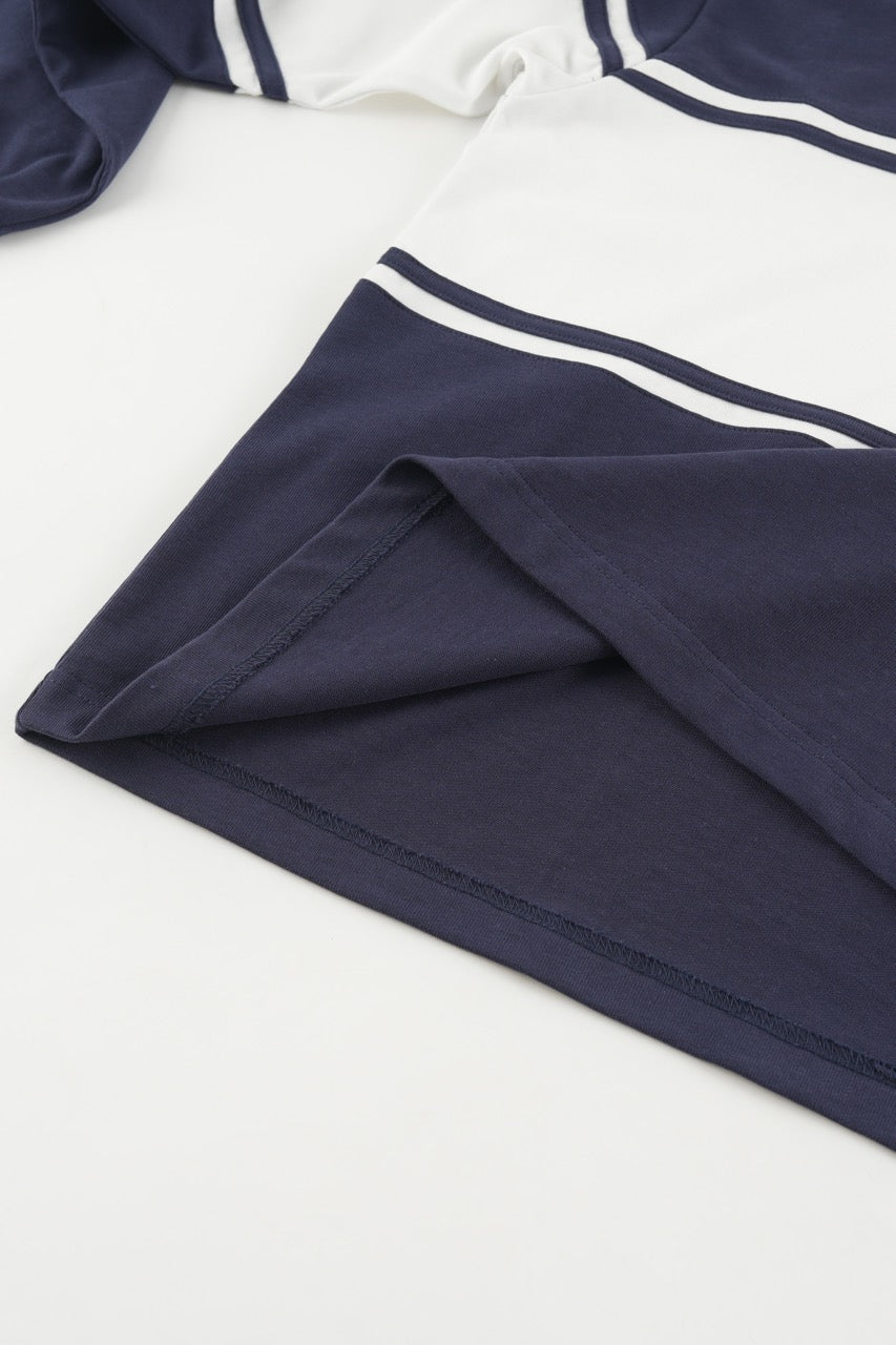 Navy and white color block polo sweatshirt with long sleeves