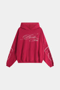Women's red graphic hoodie with white script and kangaroo pocket