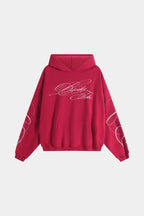 Women's red graphic hoodie with white script and kangaroo pocket