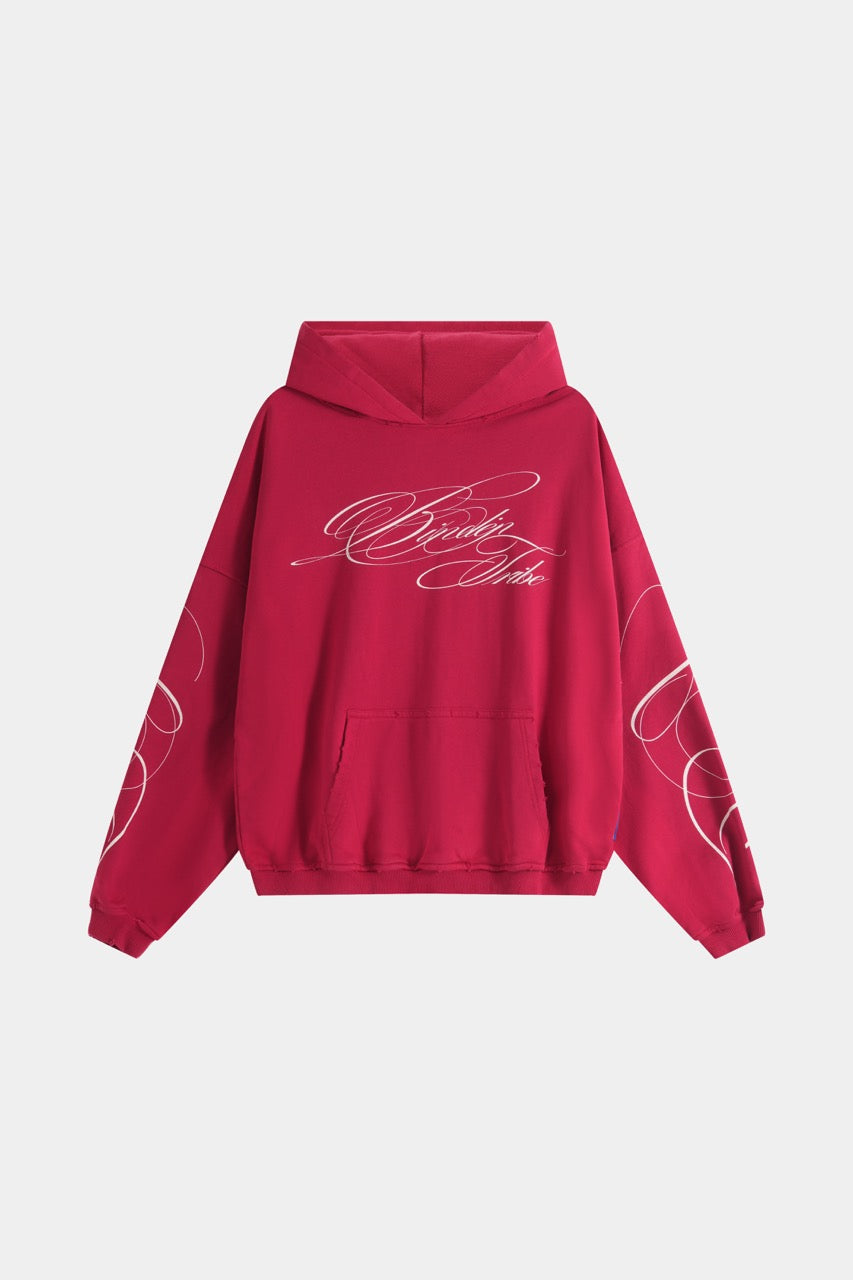 Women's red graphic hoodie with white script and kangaroo pocket