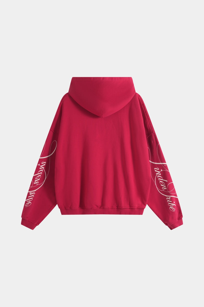 Women's red graphic hoodie with white script and kangaroo pocket