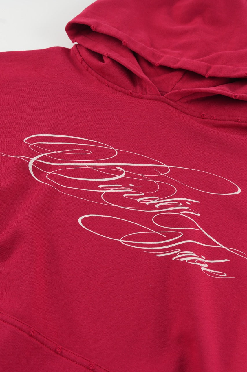 Women's red graphic hoodie with white script and kangaroo pocket