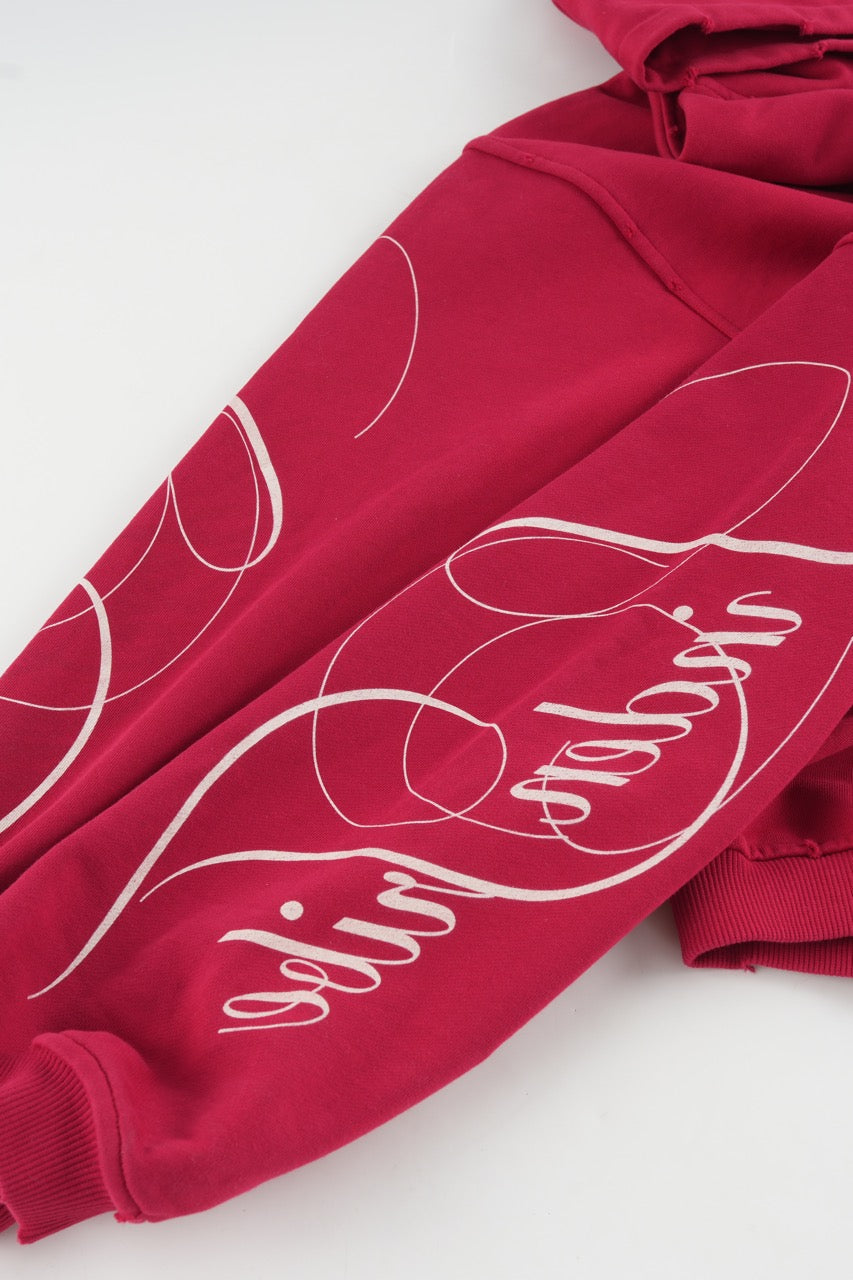 Women's red graphic hoodie with white script and kangaroo pocket