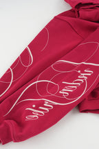 Women's red graphic hoodie with white script and kangaroo pocket