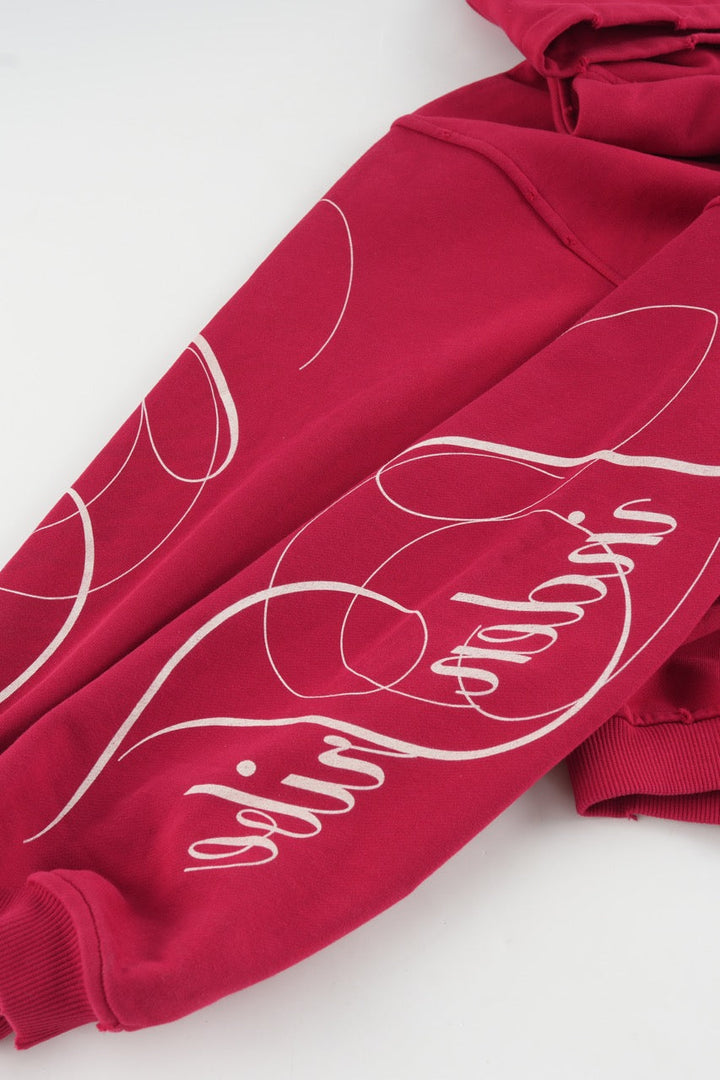 Women's red graphic hoodie with white script and kangaroo pocket