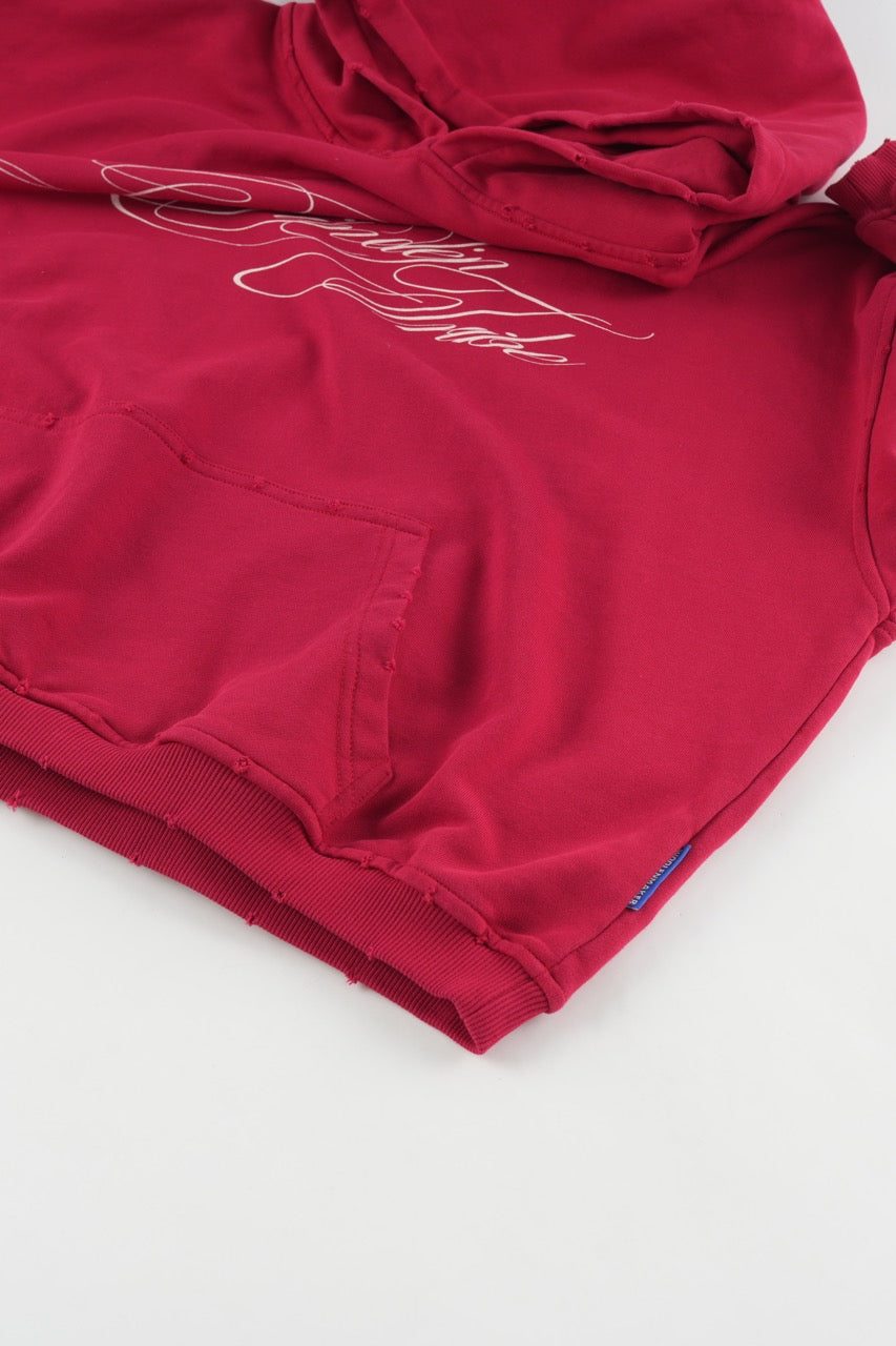 Women's red graphic hoodie with white script and kangaroo pocket