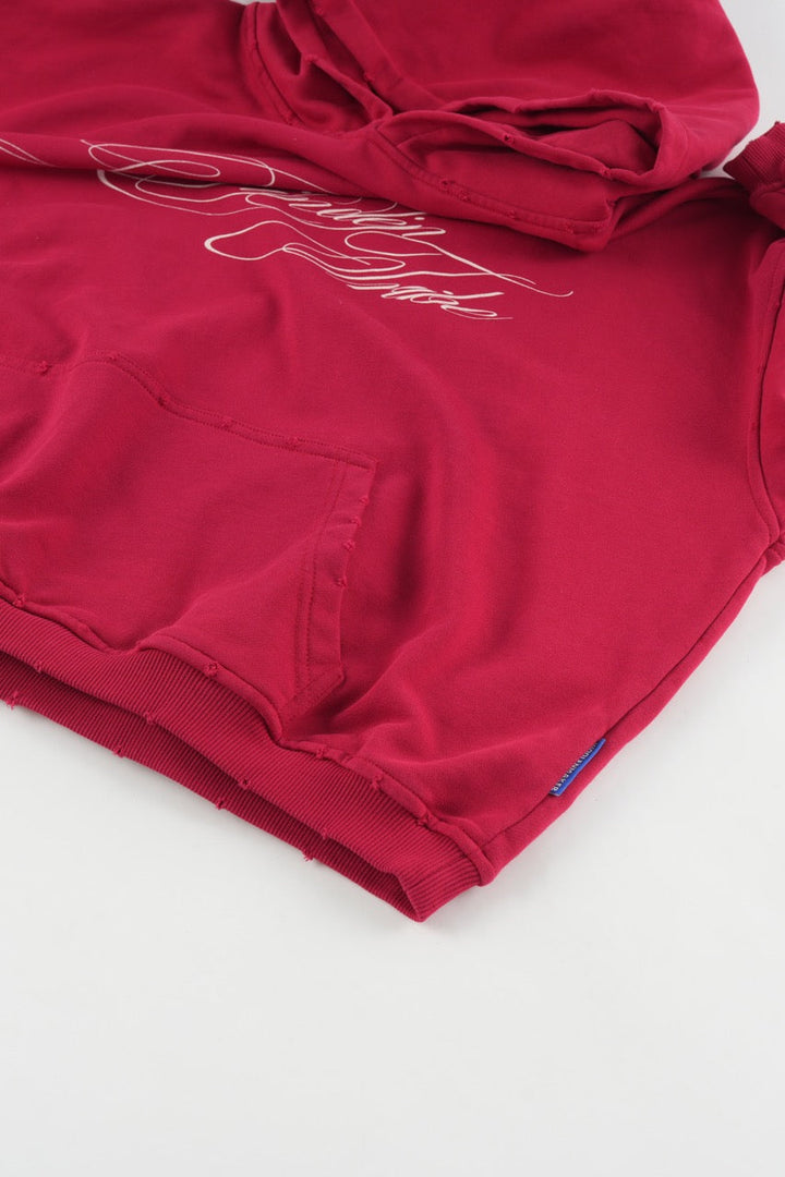Women's red graphic hoodie with white script and kangaroo pocket