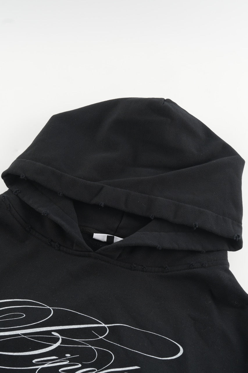 Black men's hoodie with white script chest and sleeve graphics