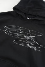 Black men's hoodie with white script chest and sleeve graphics
