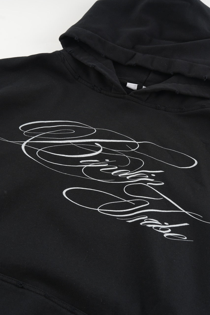 Black men's hoodie with white script chest and sleeve graphics