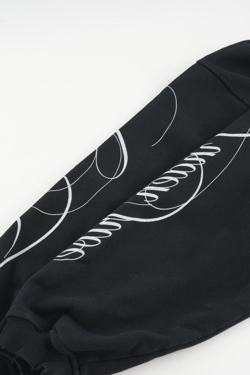 Black men's hoodie with white script chest and sleeve graphics