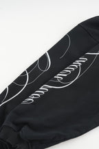 Black men's hoodie with white script chest and sleeve graphics