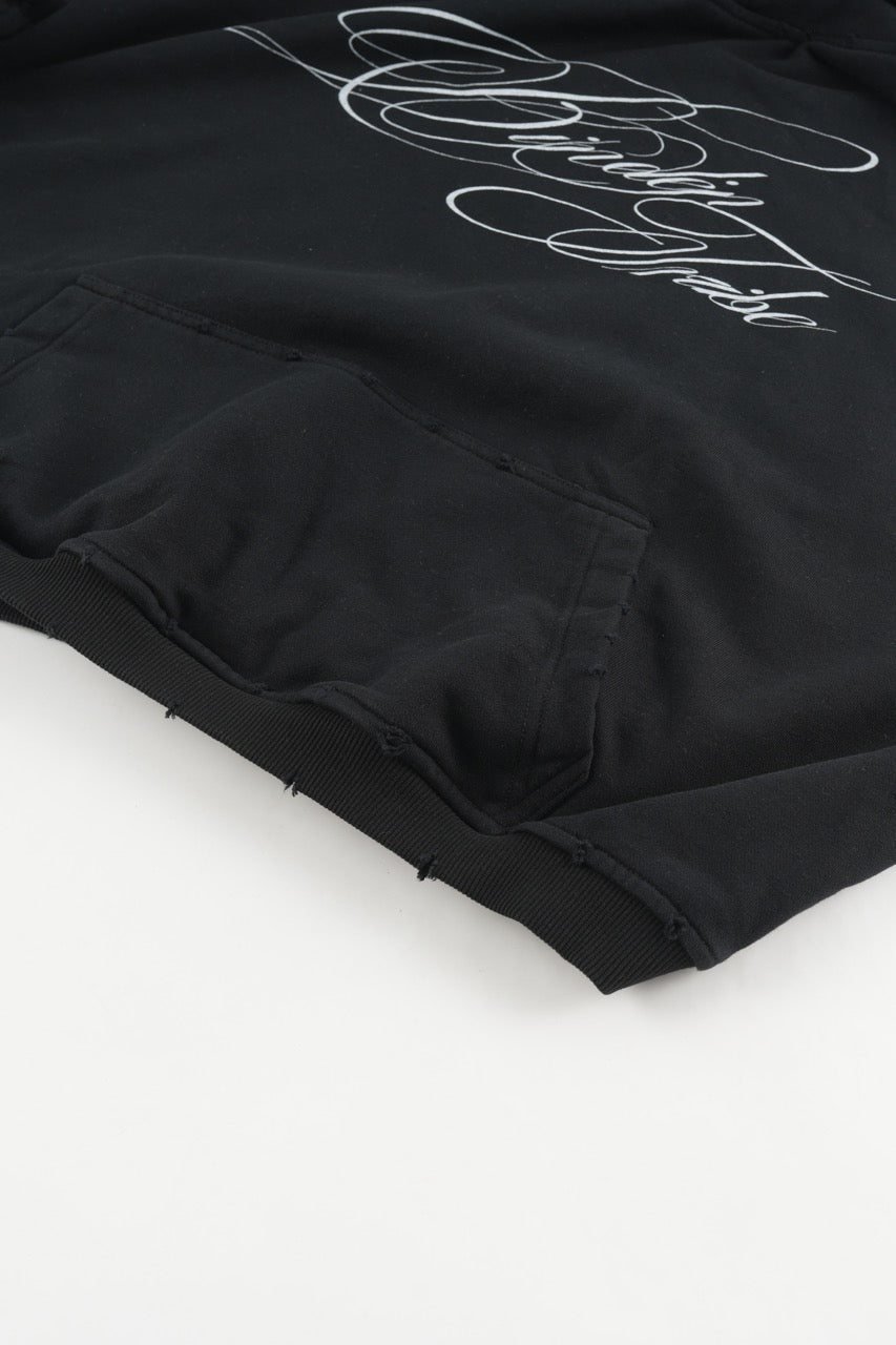 Black men's hoodie with white script chest and sleeve graphics