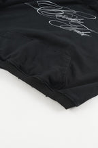 Black men's hoodie with white script chest and sleeve graphics