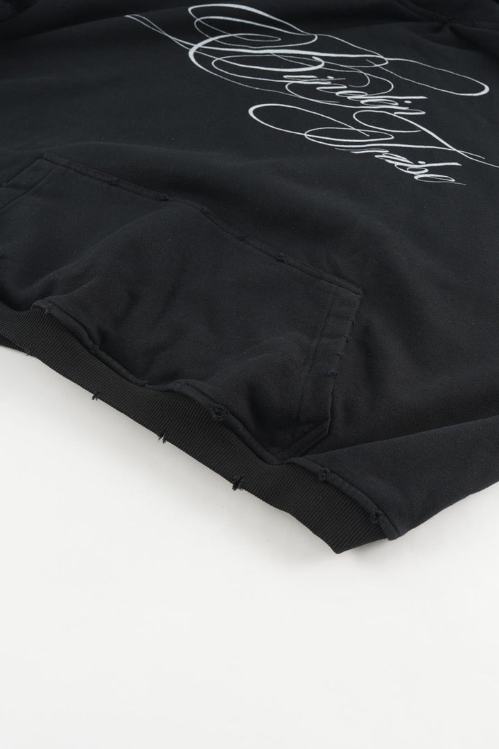 Black men's hoodie with white script chest and sleeve graphics