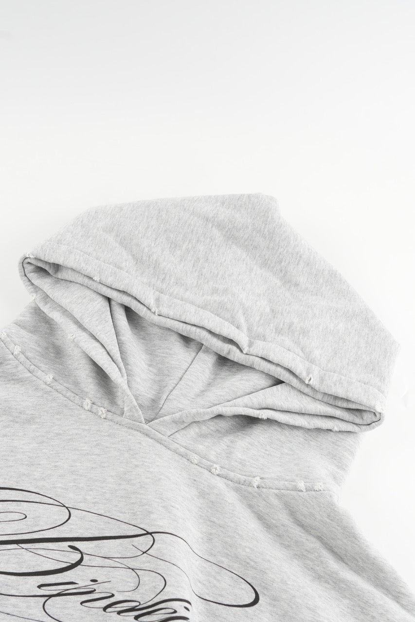 Men's grey hoodie with black script graphic, hood and kangaroo pocket