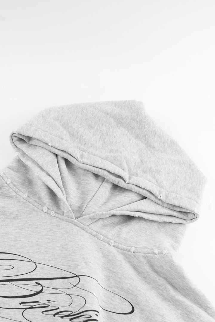 Men's grey hoodie with black script graphic, hood and kangaroo pocket