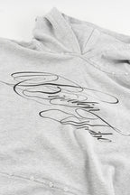 Men's grey hoodie with black script graphic, hood and kangaroo pocket